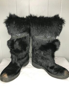 Women's TECNICA Black Goat Apres Ski Snow REAL fur Boots US Women's 9 UK 7
